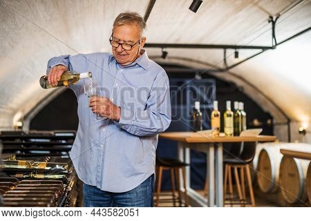 Portrait Of Senior Man Who Owns Winery. He Is Examining Quality In His Wine Cellar. Industry Wine Ma