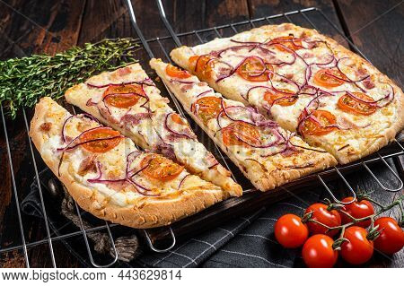 Traditional German Pie Flammkuchen Or Tarte Flambee With Cream Cheese, Bacon, Tomato And Onions. Woo