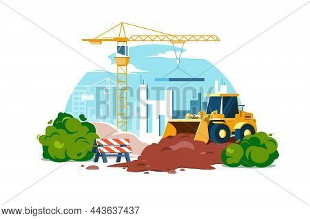 Construction Site Work In Progress With Machines Vector Illustration. Building House With Cranes Fla