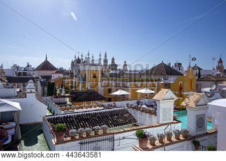 Seville, Spain - Sept. 9, 2013: Rooftop View Of Hotel Las Casas De La Judería, Made Up Of 27 Traditi
