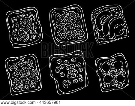 Sandwich Chalkboard Doodles Set. Toast Bread Sandwiches With Peanut Butter, Fruits And Berries Healt