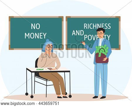 Richness And Poverty Concept. Happy Rich Successful Businessman With Bag Of Money And Sad Poor Thrif