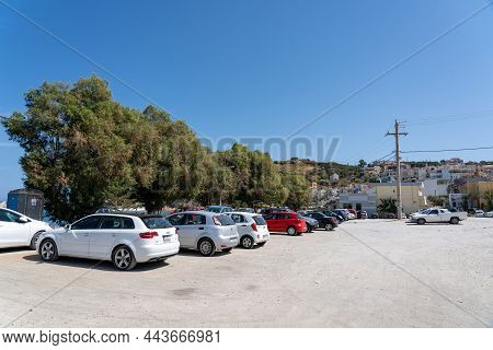 Kalives, Crete, Greece - September 21, 2021: Cars Parked On The Parking Lot At The Local Beach