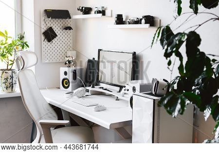 General View Home Workplace Of Gamer With Computer And Gamepad.