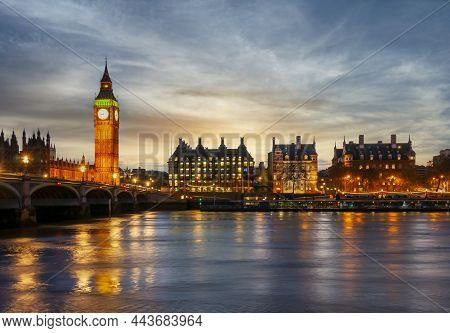 Big Ben Tower And Victoria Embankment At Night, London, Uk