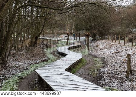 Scenic View Over A Wooden Path Through The Brussels Wetlands, Covered With Snow