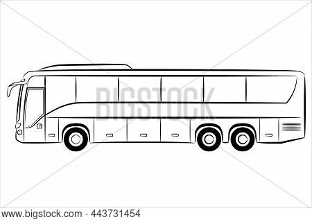A Hand Drawn Line ​of A Passenger Bus. Outline Vector Coach Bus, Side View.  Modern Travel Bus Flat 