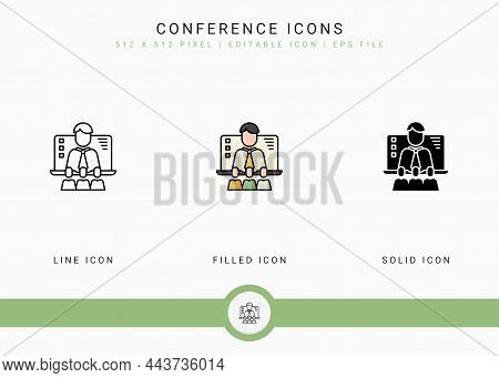 Conference Icons Set Vector Illustration With Solid Icon Line Style. Online Video Webinar Concept. E
