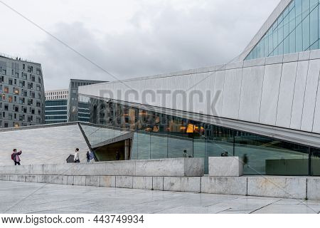 Oslo, Norway - August 10, 2019: Exterior View Of Opera House In Oslo. New Modern Building Designed B