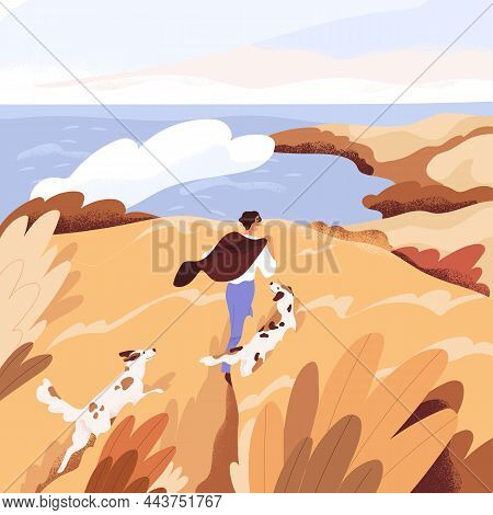 Autumn Sea Landscape With Man Walking With Dogs. Happy Person And Pets Strolling In Scenic Tranquil 