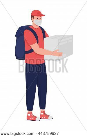 Courier In Mask Semi Flat Color Vector Character. Posing Figure. Full Body Person On White. Safe Del