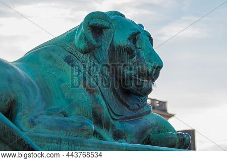 Stockholm, Sweden - December 26, 2018: A Bronze Statue Of An Egyptian Lion Closeup On The Norrbro Br