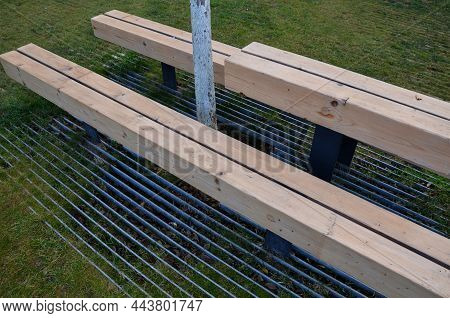 Massive Bench In The Park Under A Tree In The Park Urban Style Beam Shape On Metal Legs In The Squar