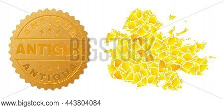 Golden Combination Of Yellow Parts For Antigua Island Map, And Golden Metallic Antigua Stamp Seal. A