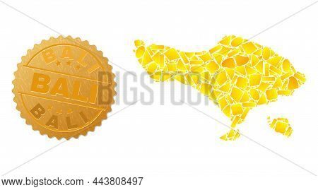 Golden Combination Of Yellow Fractions For Bali Map, And Gold Metallic Bali Stamp Seal. Bali Map Col