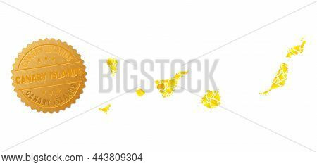 Golden Collage Of Yellow Fractions For Canary Islands Map, And Golden Metallic Canary Islands Stamp 