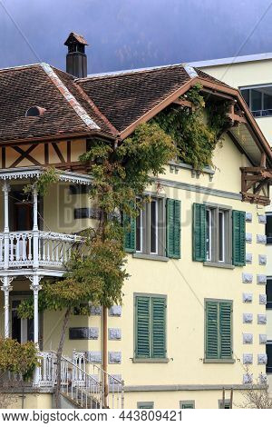 Flums, Switzerland - November 27, 2021. View Of The Beautiful Half-timbered Building, Covered With P