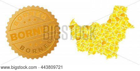 Golden Mosaic Of Yellow Items For Borneo Map, And Golden Metallic Borneo Seal Print. Borneo Map Coll