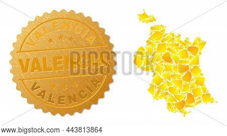 Golden Composition Of Yellow Elements For Valencia Province Map, And Golden Metallic Valencia Seal. 