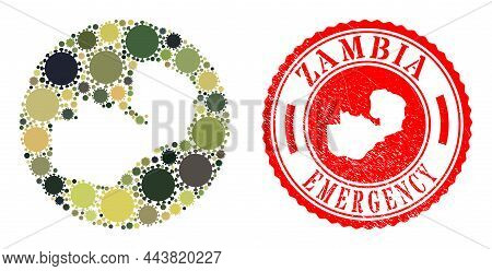 Vector Mosaic Zambia Map Of Sars Virus Elements And Grunge Emergency Seal. Mosaic Geographic Zambia 