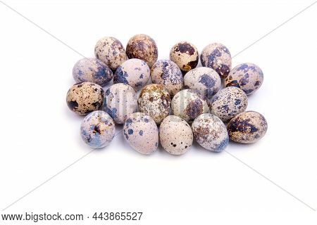 Quail Eggs, Close-up On A White Background, Copy Space,