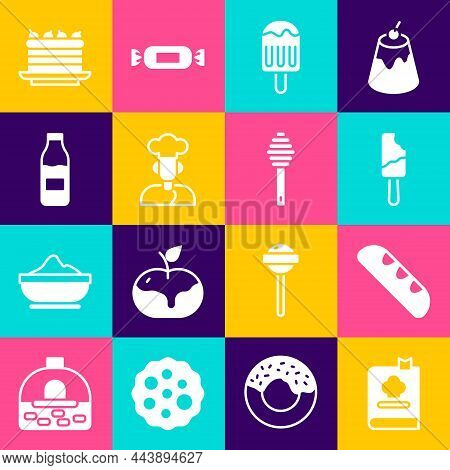 Set Cookbook, French Baguette Bread, Ice Cream, Bottle With Milk, Cake And Honey Dipper Stick Icon. 