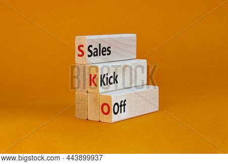 Sko Sails Kick Off Symbol. Concept Words Sko Sails Kick Off On Wooden Blocks. Beautiful Orange Table