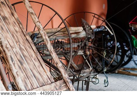 Old Wooden Wheels Of Coach Ready For Repair