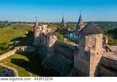 Aerial View Of The Romantic Stone Medievel Castle On Top Of The Mountain