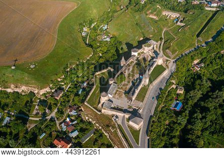 Aerial View Of The Romantic Stone Medievel Castle On Top Of The Mountain