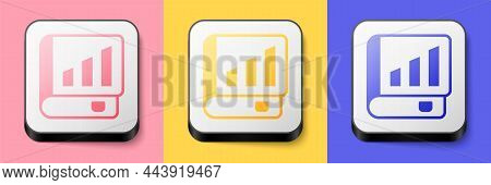 Isometric Financial Book Icon Isolated On Pink, Yellow And Blue Background. Square Button. Vector
