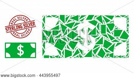 Simple Geometric Dollar Banknote Mosaic And Real Silver Sterling Silver Textured Seal. Red Seal Cont
