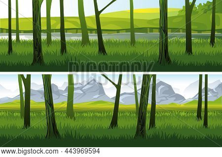 Edge Of Forest. Set Of Two Vector Wide Banners.