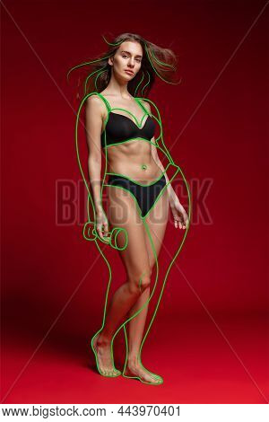 Young Beautiful Slim Girl In Black Underwear Isolated Over Red Background. Line Art. Modern Artwork.