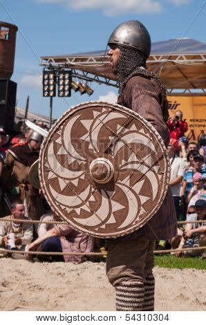 Unidentified Participant In Medieval Fight At A Historical Reenactment Festival Held In Abalak, Sibe