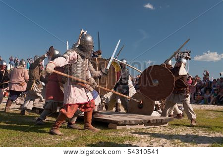 Medieval Fight At A Historical Reenactment Festival Held In Abalak, Siberia. Russia