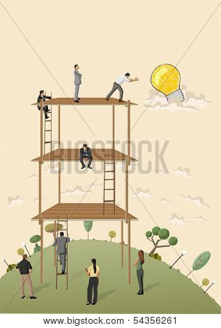 Business people trying to reach a idea light bulb. 