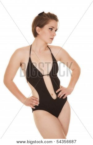 Woman Black Smim Suit Look Side