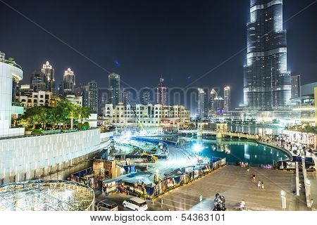 View On Burj Khalifa And Dubai Mall, Dubai, Uae, At Night