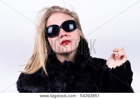 Upper Class Girl In Dark Sunglasses, Red Lipstick And Fur