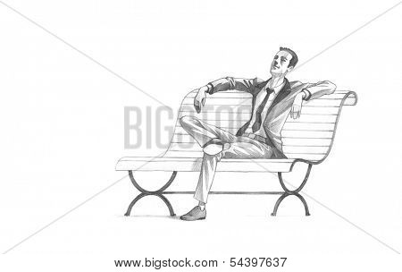 Hand-drawn Sketch, Pencil Illustration, Drawing of Young Entrepreneur taking a relaxing break on a bench | High Resolution Scan, Decent Copy Space