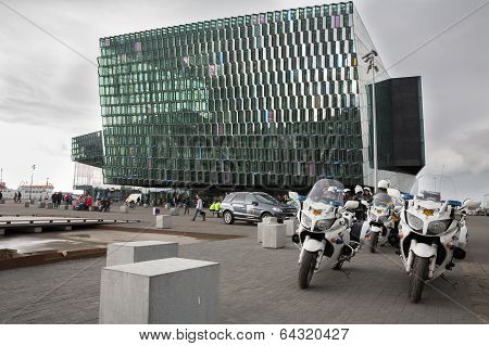 REYKJAVIK, ICELAND - June 19, 2013: Harpa Concert Hall in Reykjavik harbor, Iceland during the day,