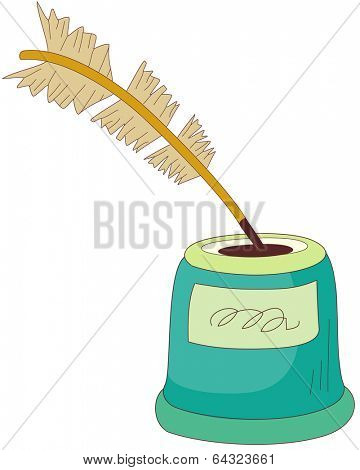 A vector illustration of quill pen with ink pot