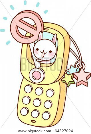A vector illustration of mobile phone with cute character holding a nil sign