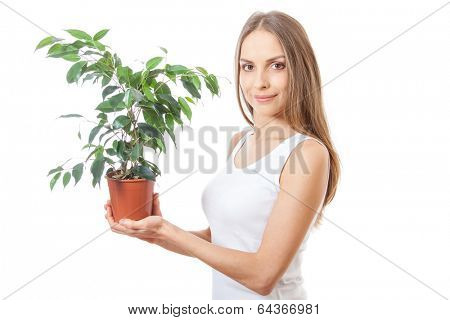 young woman holding a houseplant, isolated on white background