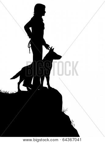 Illustrated silhouette of a man and his dog standing on a rocky outcrop