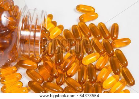 Fish oil capsules and container