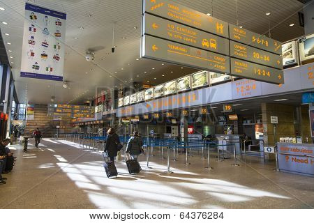 KRAKOW, POLAND - MAR 11, 2014: Terminal hall of John Paul II International Airport Krakow-Balice celebrated its 50th anniversary. The airport has one concrete runway, number 07/25, 2,550 m x 60 m.