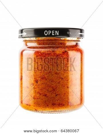 Massaman Curry Paste In Glass Jar Isolated On White Background
