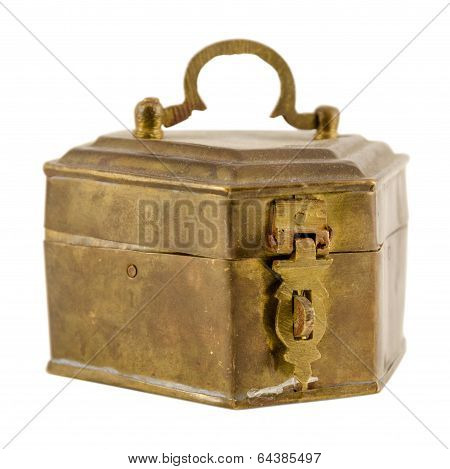 Antique Brass Coffret With Lock Isolated On White